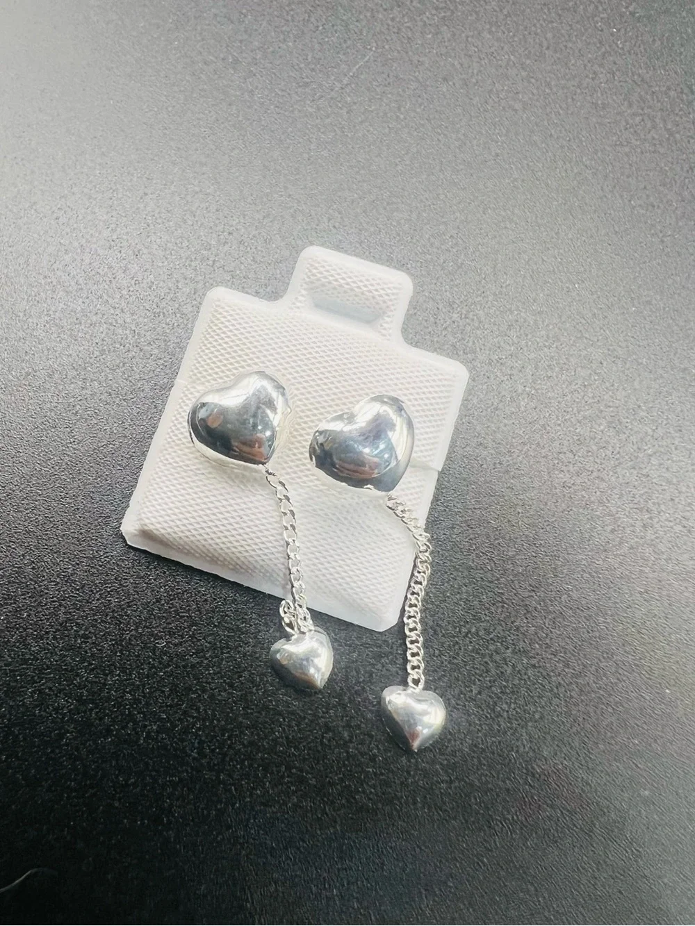 Silver double-heart drop stud earrings, Sterling Silver 925